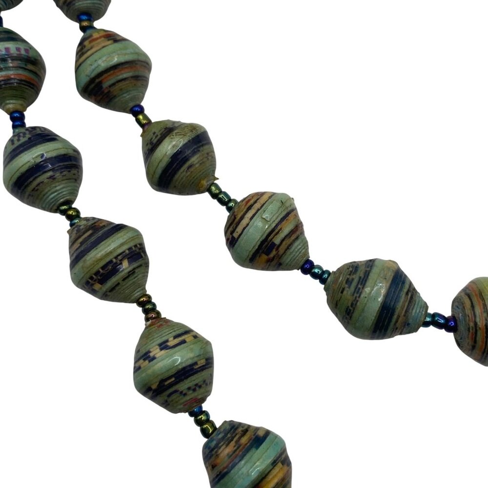 Vintage 34" Paper Glass Bead Necklace Barrel Closure Multicolor Striped Design - Picture 4 of 9